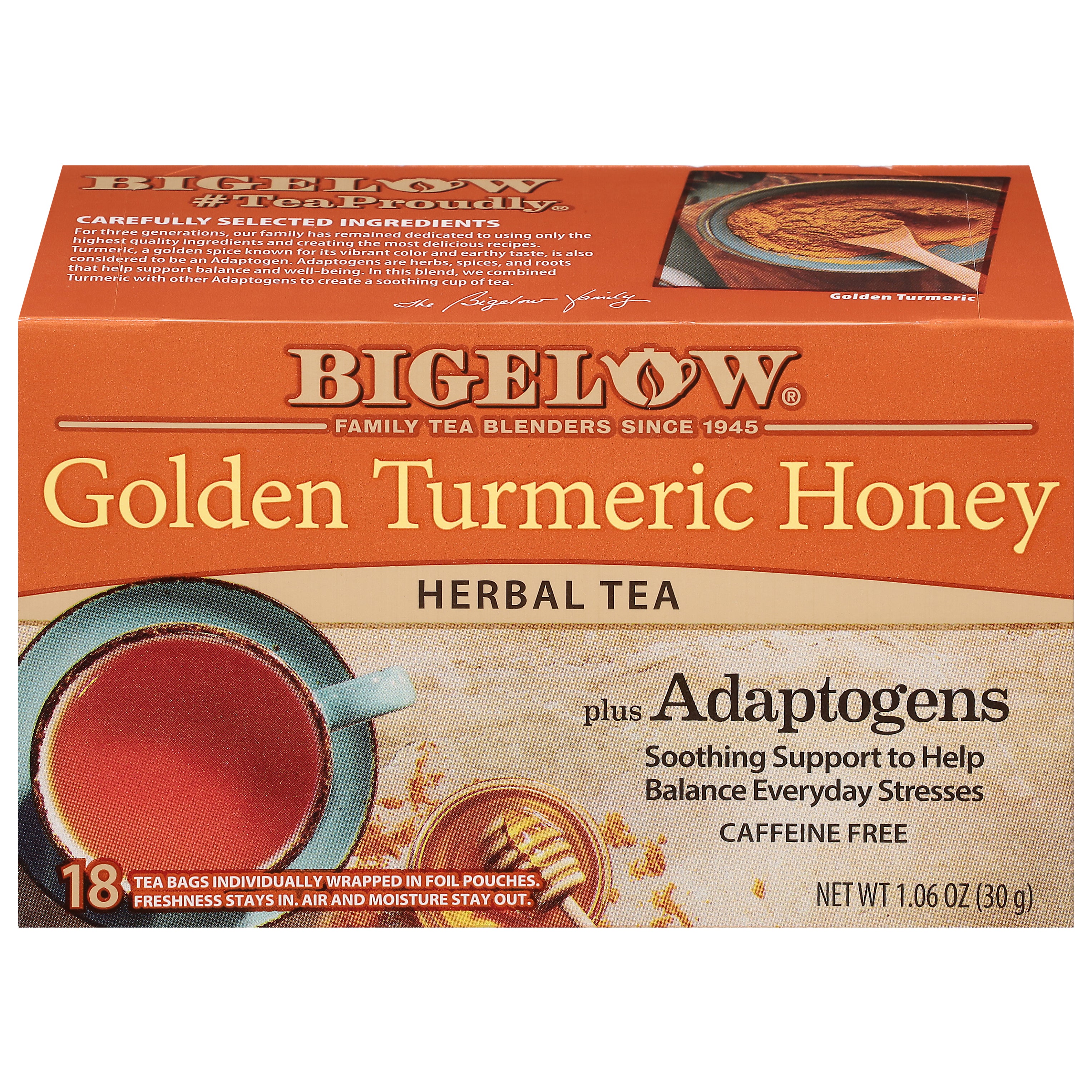 Bigelow Golden Turmeric Honey, Caffeine Free Herbal Tea Bags, 18 Ct - Case of 6