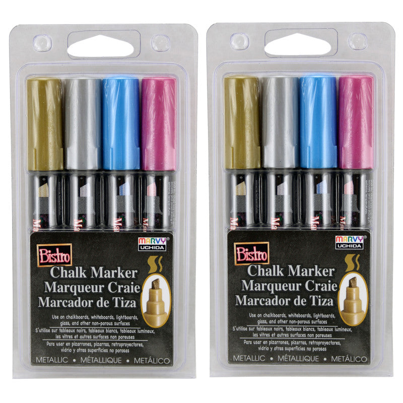 MARVY UCHIDA - Bistro Chalk Markers, Chisel Tip, Silver, Gold, Blue, Red, 4 Per Pack, 2 Packs