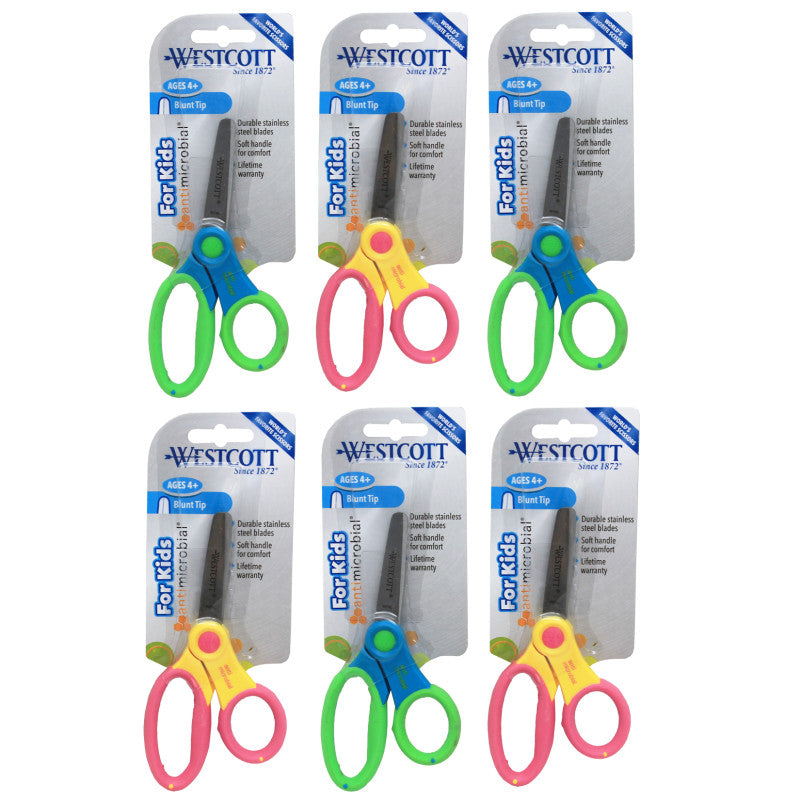 WESTCOTT - Kids 5" Scissors with Anti-Microbial Protection, Blunt, Colors Vary, Pack of 6