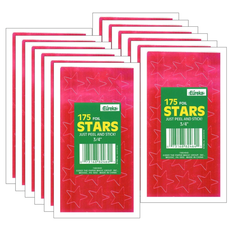 EUREKA - Presto-Stick Foil Star Stickers, 3/4", Red, 175 Per Pack, 12 Packs