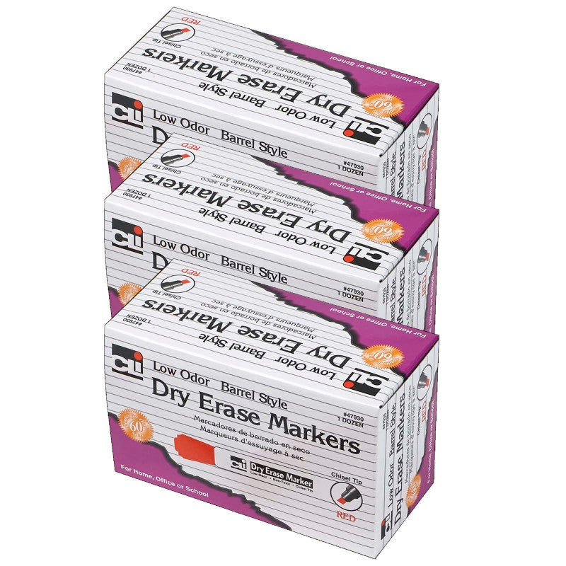 CHARLES LEONARD - Dry Erase Markers, Barrel Style, Chisel Tip, Red, 12 Per Pack, 3 Packs