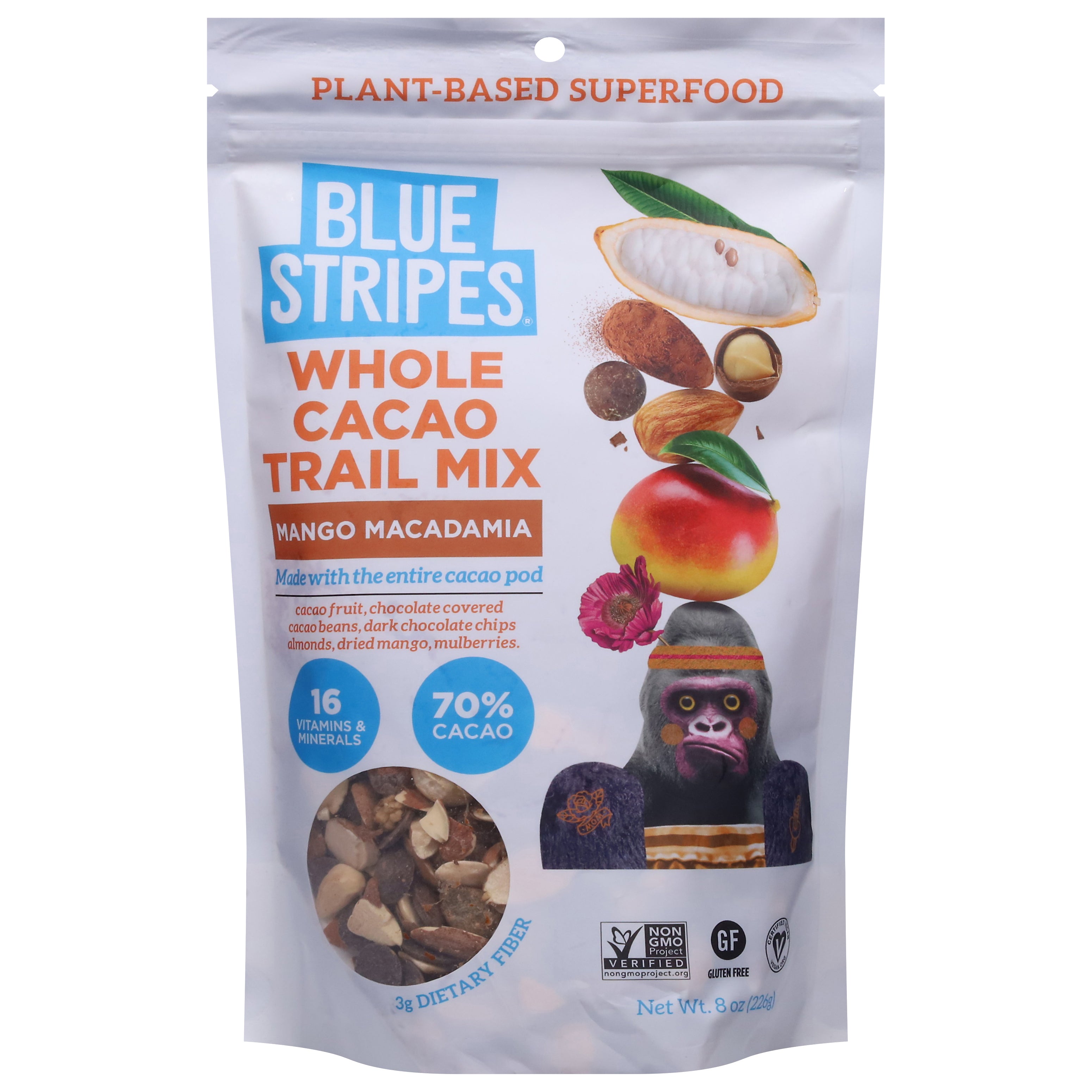 Blue Stripes Whole Cacao Mango Macadamia Trail Mix 8 oz - Case of 6