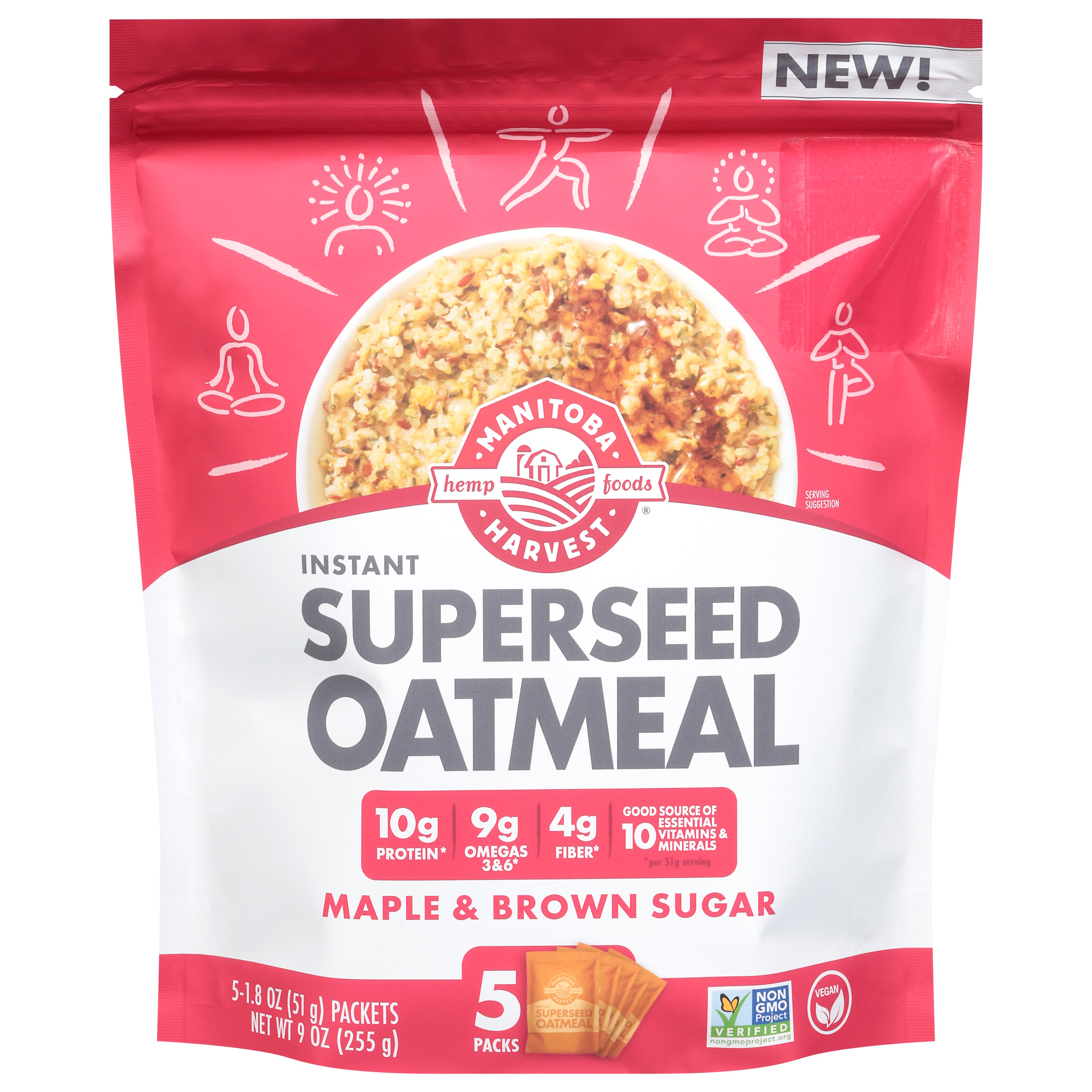 Manitoba Harvest Superseed Instant Maple & Brown Sugar Oatmeal 5 - 1.8 oz Packets - Case of 6