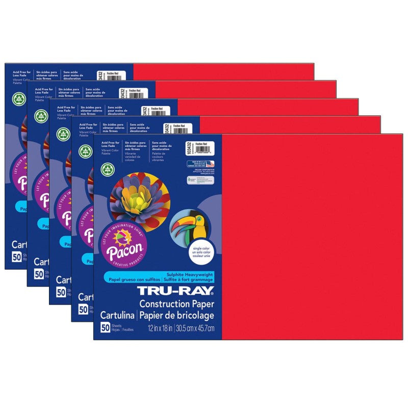 TRU-RAY - Construction Paper, Festive Red, 12" x 18", 50 Sheets Per Pack, 5 Packs