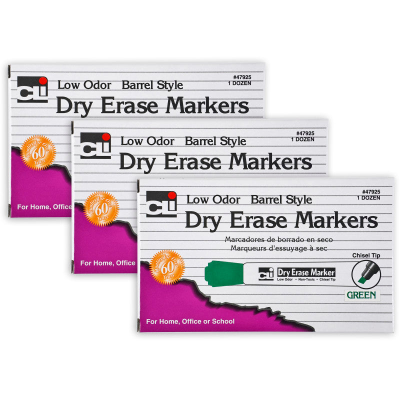 CHARLES LEONARD - Dry Erase Markers, Barrel Style, Chisel Tip, Green, 12 Per Box, 3 Boxes