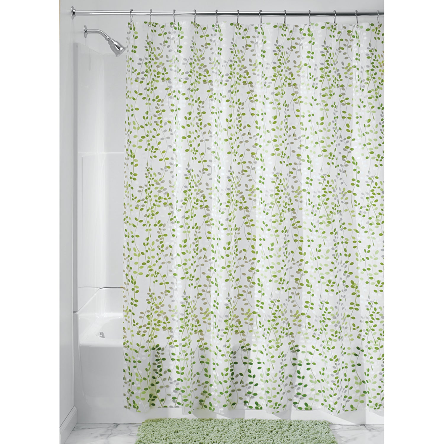 iDesign 72 in. H X 72 in. W Green and White Vines Shower Curtain PEVA