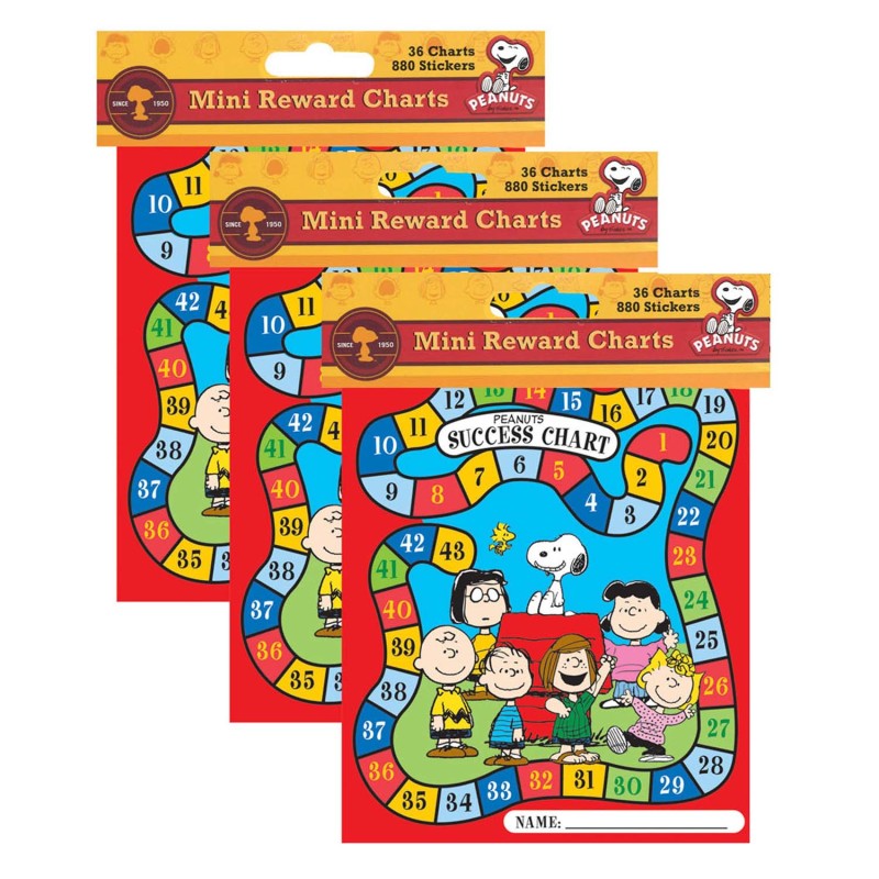 EUREKA - Peanuts® Game Mini Reward Charts with Stickers, 36 Charts Per Pack, 3 Packs