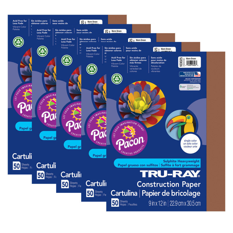 TRU-RAY - Construction Paper, Warm Brown, 9" x 12", 50 Sheets Per Pack, 5 Packs