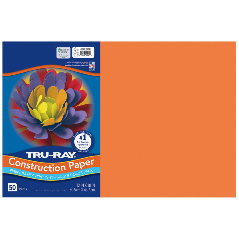 Construction Paper, Heavyweight, Electric Orange, 12" x 18", 50 Sheets