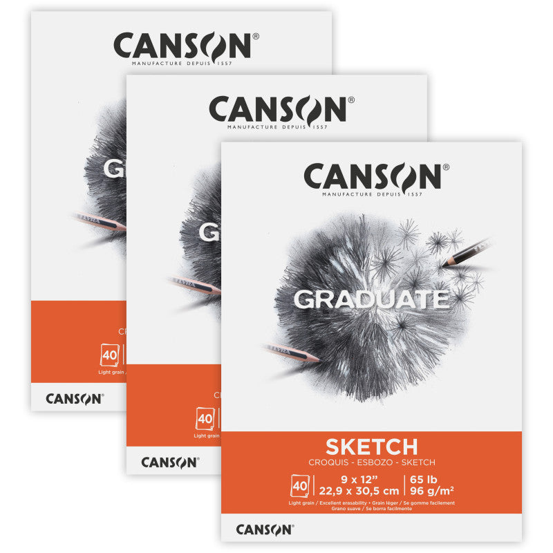 Graduate Sketch Pad, Foldover Binding, 40 Sheet, 9x12 inch, Pack of 3