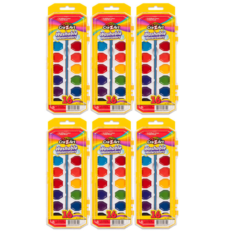 CRA-Z-ART - Washable Watercolors with Brush, Peggable Tray, 16 Colors Per Set, 6 Sets