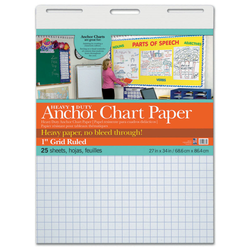 PACON - Heavy Duty Anchor Chart Paper, Non-Adhesive, White, 1" Grid Ruled 27" x 34", 25 Sheets