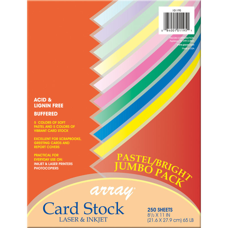 PACON - Pastel & Bright Card Stock Assortment, 10 Colors, 8-1/2" x 11", 250 Sheets