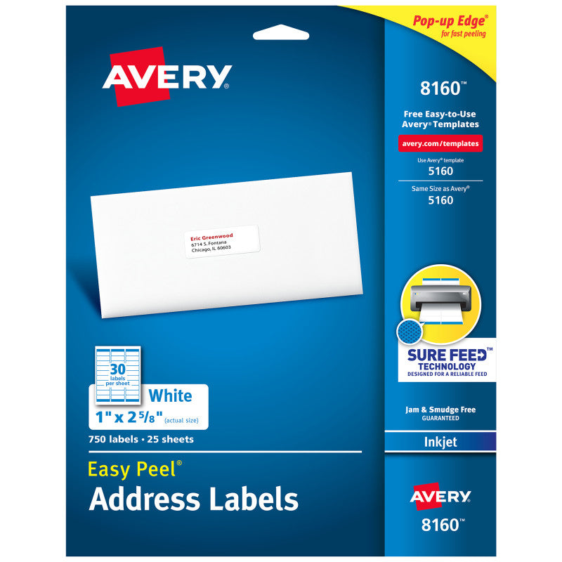 AVERY - Easy Peel® Address Labels, Sure Feed™ Technology, Permanent Adhesive, 1" x 2-5/8", 750 Labels