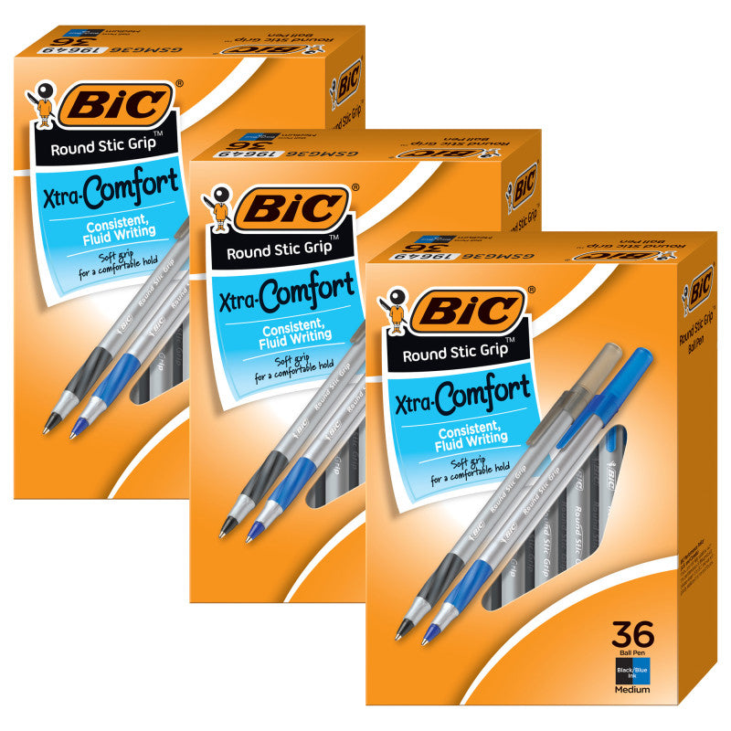 BIC - Round Stic Grip Xtra Comfort Ballpoint Pens, Medium Point (1.2mm), Assorted Colors, 36 Per Pack, 3 Packs