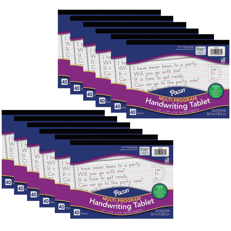 PACON - Multi-Program Handwriting Tablet, D'Nealian/Zaner-Bloser, 1/2" x 1/4" x 1/4" Ruled Long, 10-1/2" x 8", 40 Sheets, Pack of 12