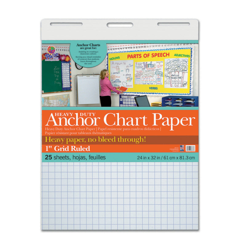 PACON - Heavy Duty Anchor Chart Paper, Non-Adhesive, White, 1" Grid Ruled 24" x 32", 25 Sheets