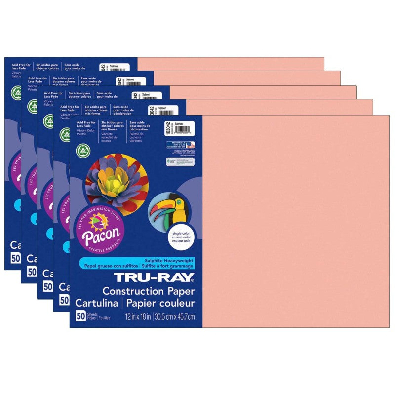 TRU-RAY - Construction Paper, Salmon, 12" x 18", 50 Sheets Per Pack, 5 Packs