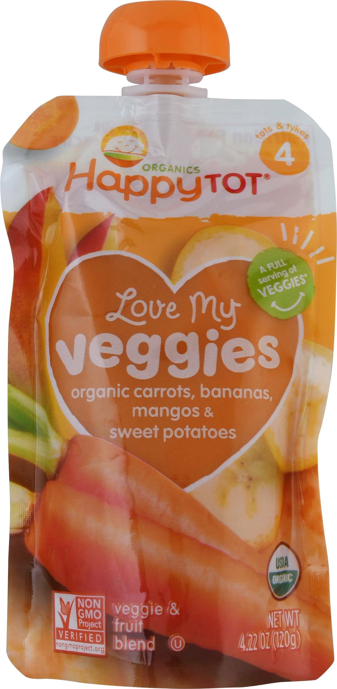 HappyTot Organics Love My Veggies Carrots, Bananas, Mangos & Sweet Potatoes 4.22 oz - Case of 16
