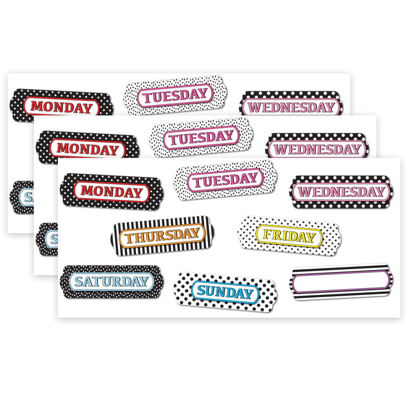 ASHLEY PRODUCTIONS - Magnetic Die-Cut Timesavers & Labels, Days of the Week, Black and White Assorted Patterns, 8 Per Pack, 3 Packs