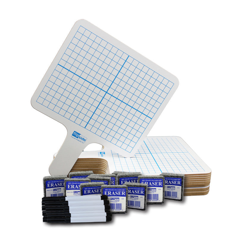 FLIPSIDE PRODUCTS - Two-Sided Rectangular Dry Erase Graphing Paddles, Pens, and Erasers, Class Pack of 12