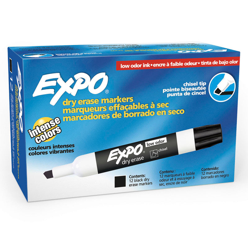 EXPO - Low-Odor Dry Erase Markers, Chisel Tip, Black, Box of 12