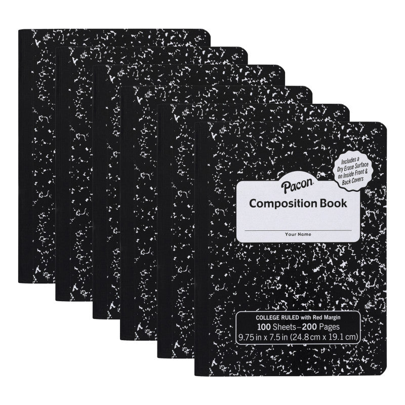 PACON - Composition Book, Black Marble, 9/32 in ruling with red margin 9-3/4" x 7-1/2", 100 Sheets, Pack of 6