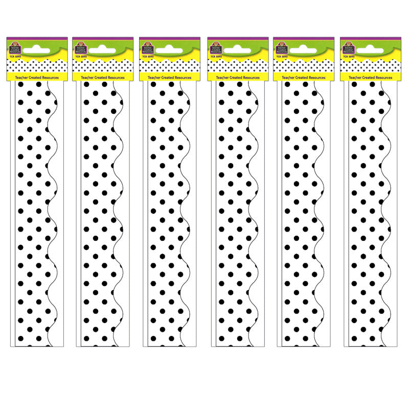 TEACHER CREATED RESOURCES - Black Polka Dots on White Scalloped Border Trim, 35 Feet Per Pack, 6 Packs