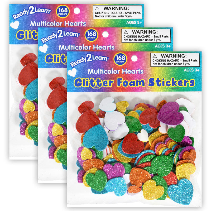 READY 2 LEARN - Glitter Foam Stickers - Hearts - Multicolor - 168 Per Pack - 3 Packs