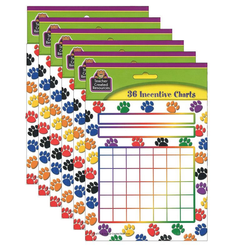 TEACHER CREATED RESOURCES - Colorful Paw Prints Incentive Charts, 5.25" x 6", 36 Sheets Per Pack, 6 Packs