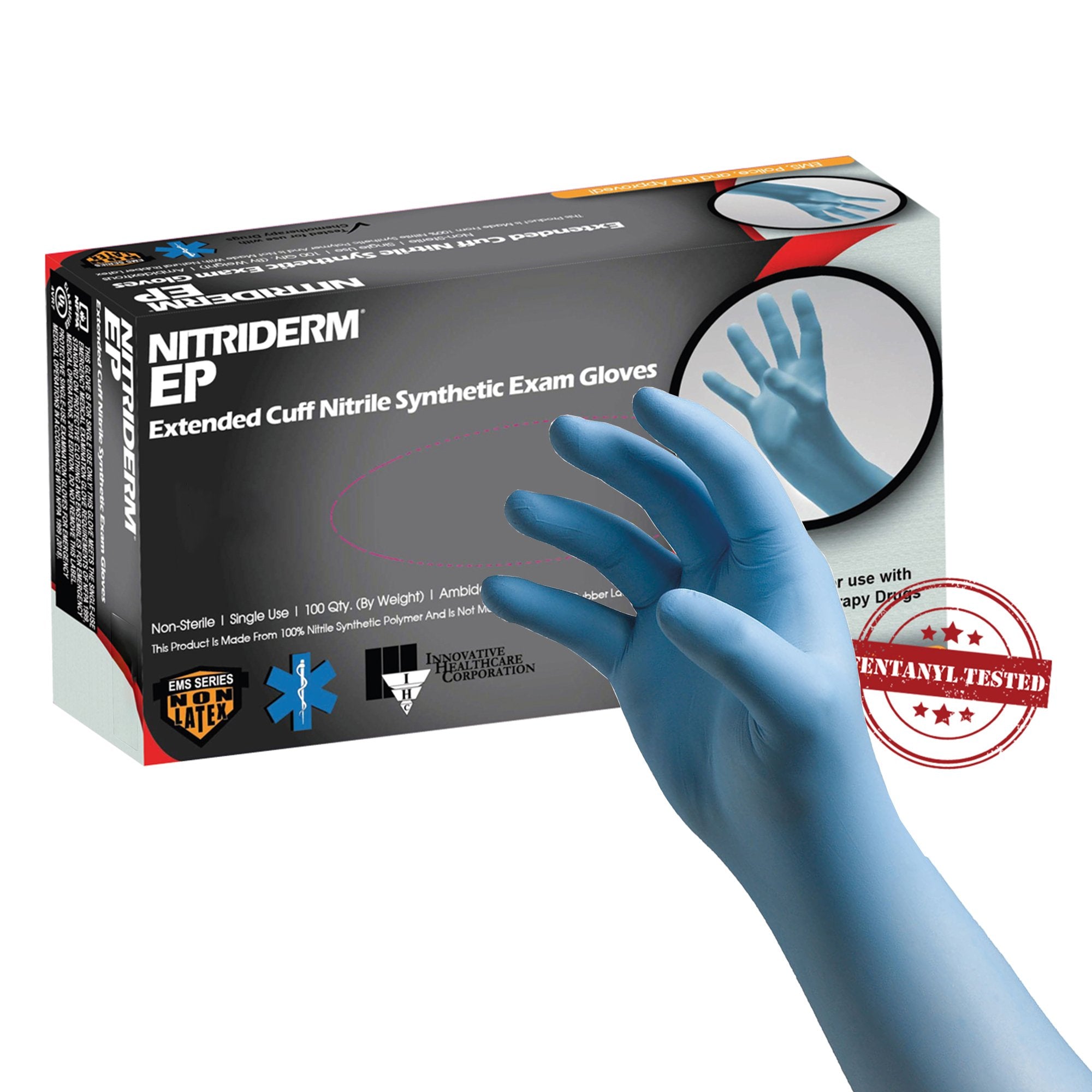Innovative Healthcare Corp - Exam Glove NitriDerm® EP Large NonSterile Nitrile Extended Cuff Length Fully Textured Blue Chemo Tested / Fentanyl Tested [100/BX]