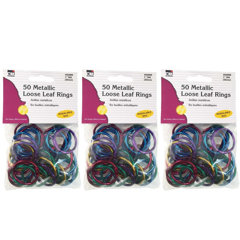 CHARLES LEONARD - Metallic Book Rings, 1", Assorted Colors, 50 Per Pack, 3 Packs
