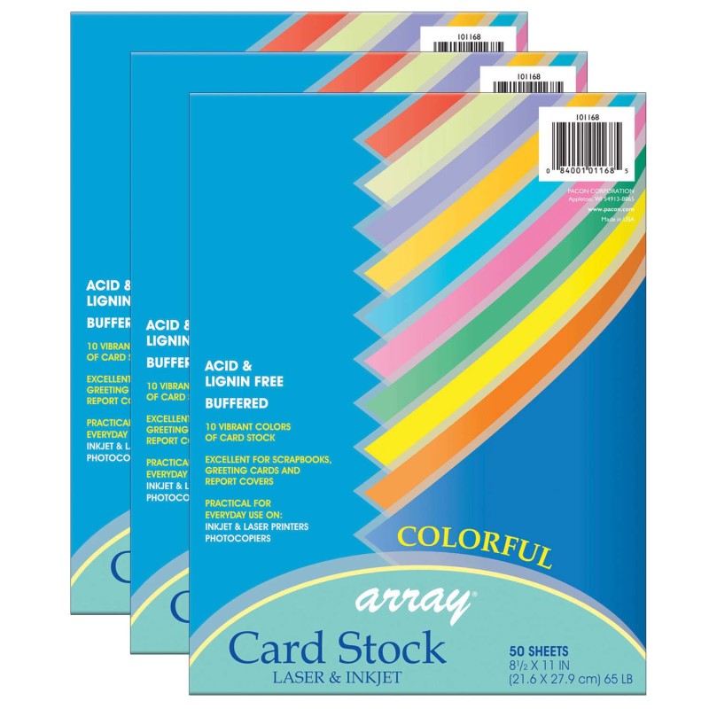 PACON - Colorful Card Stock, 10 Assorted Colors, 8-1/2" x 11", 50 Sheets Per Pack, 3 Packs