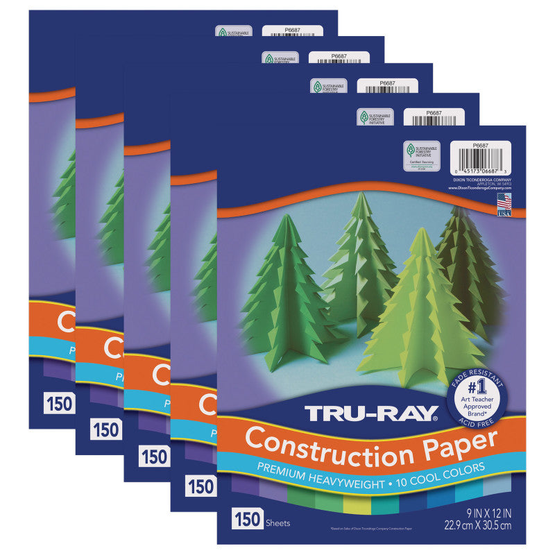 TRU-RAY - Construction Paper, Cool Assorted, 9" x 12", 150 Sheets Per Pack, 5 Packs