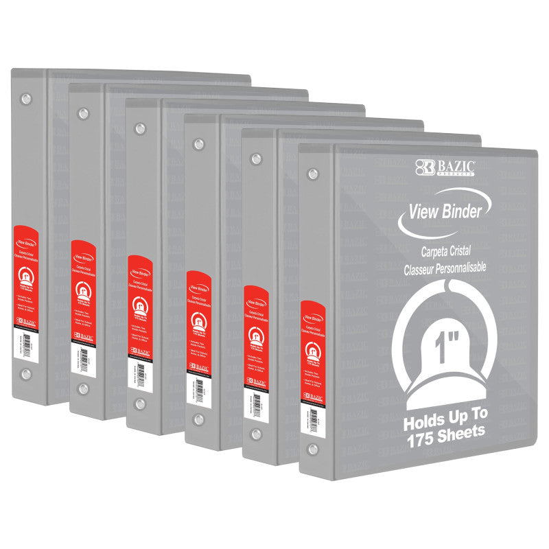 BAZIC PRODUCTS - 3-Ring View Binder with 2 Pockets, 1", Gray, Pack of 6