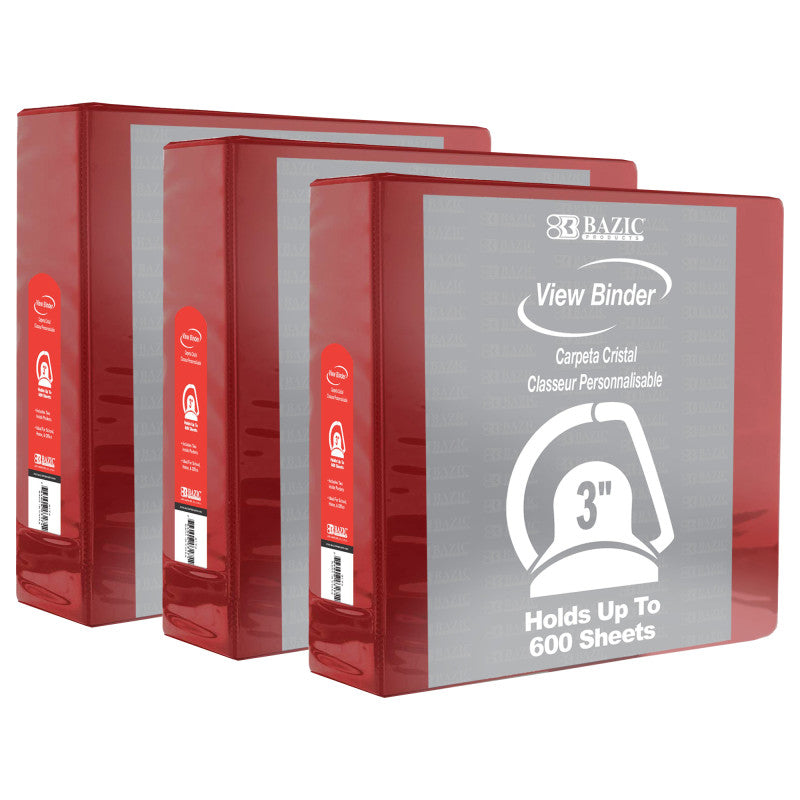 BAZIC PRODUCTS - Slant D Ring View Binder with 2 Pockets, 3", Burgundy, Pack of 3