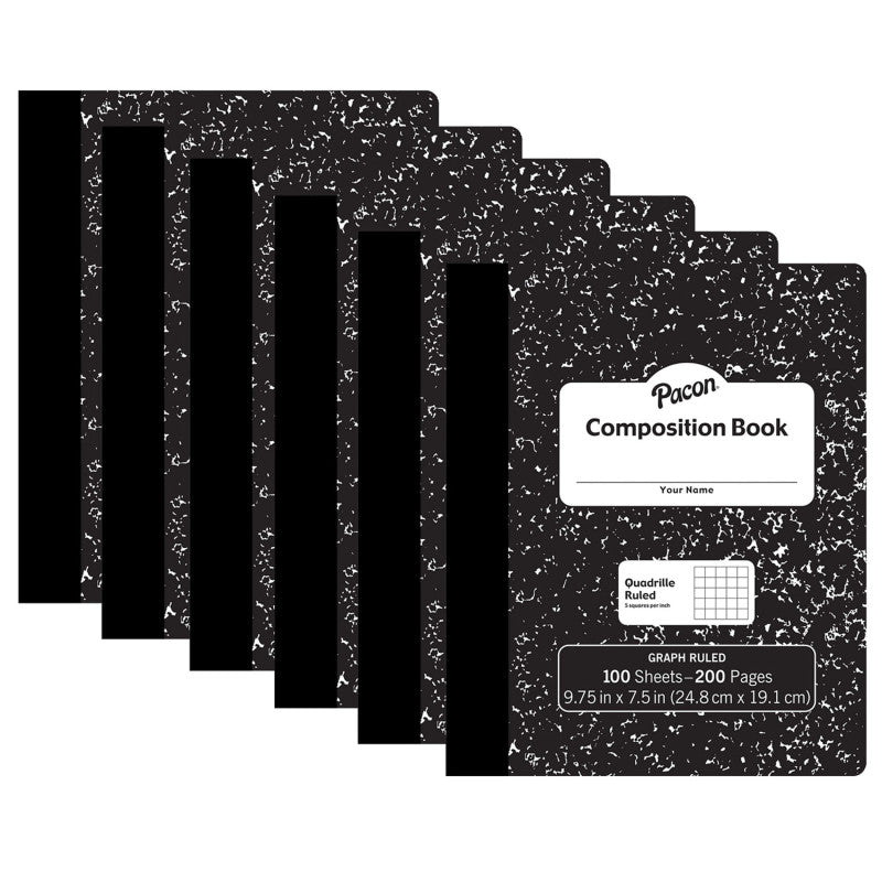 PACON - Composition Book, Black Marble, 1/5" Quadrille Ruled, 9-3/4" x 7-1/2", 100 Sheets, Pack of 6