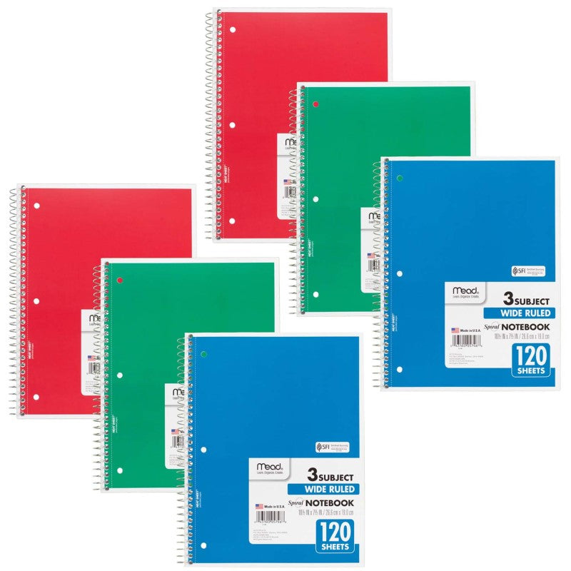 MEAD - Spiral 3 Subject Notebook, Wide Ruled, 180 Sheets Per Book, Pack of 6