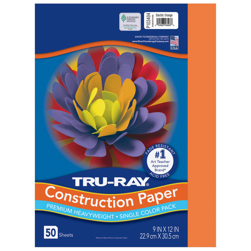 Construction Paper, Heavyweight, Electric Orange, 9" x 12", 50 Sheets