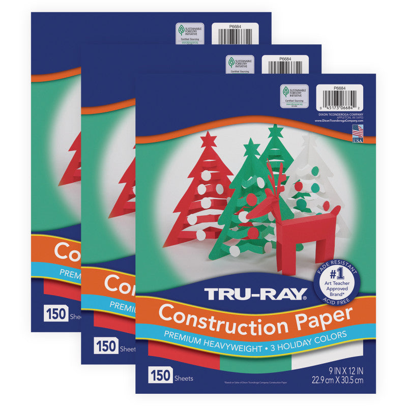 TRU-RAY - Construction Paper, Holiday Assortment, 9" x 12", 150 Sheets Per Pack, 3 Packs