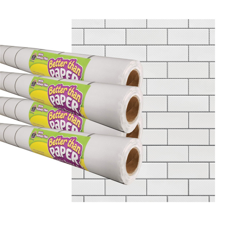 TEACHER CREATED RESOURCES - White Subway Tile Better Than Paper Bulletin Board Roll, 4' x 12', Pack of 4