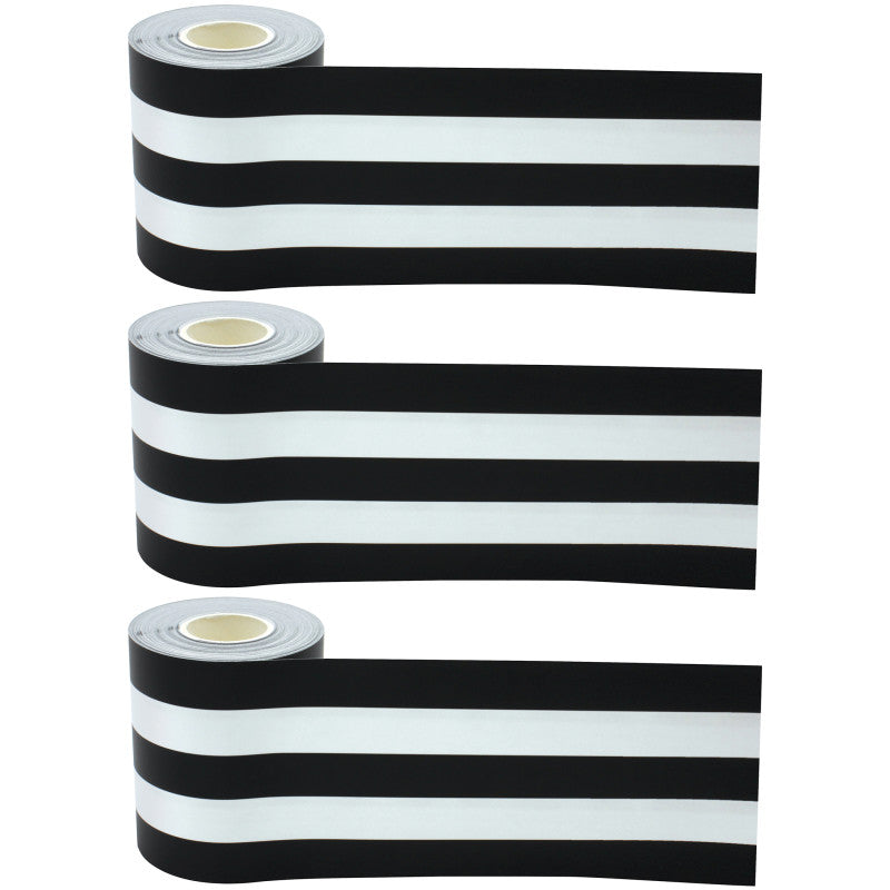 TEACHER CREATED RESOURCES - Black & White Stripes Straight Rolled Border Trim, 50 Feet Per Roll, Pack of 3