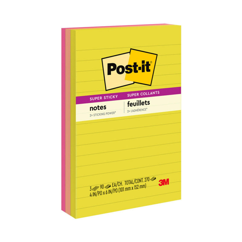 POST-IT - Super Sticky Notes - Summer Joy Collection - 4" x 6" Lined, 3-Pack