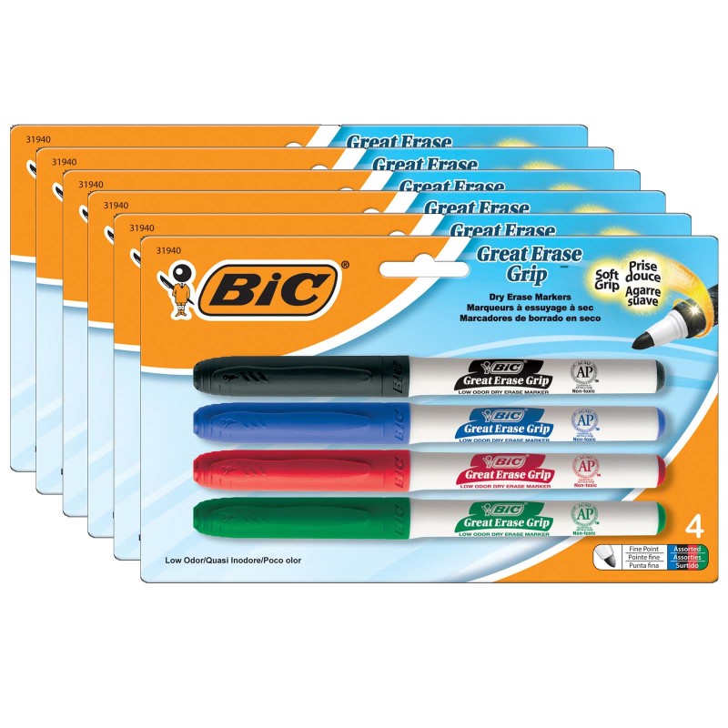 BIC - Great Erase® Low Odor Dry Erase Markers, Fine Point, Assorted Colors, 4 Per Pack, 6 Packs