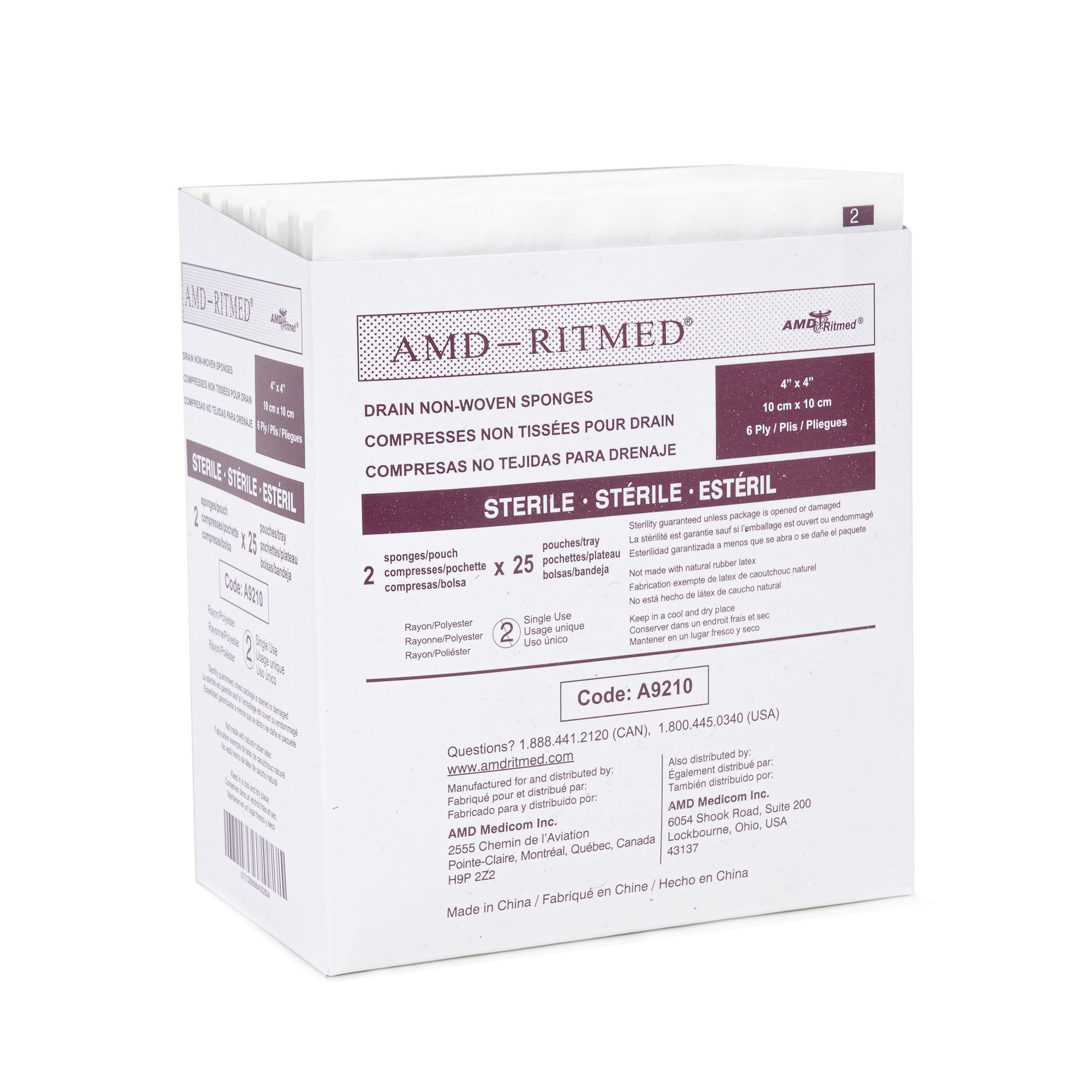 AMD Ritmed - Drain Sponge AMD Ritmed 4 X 4 Inch 6-Ply Sterile 2 per Pack [25/BX]