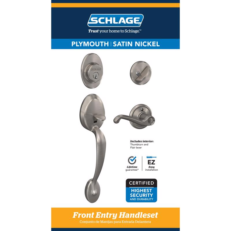 SCHLAGE - Schlage Plymouth / Flair Satin Nickel Single Cylinder Handleset and Knob Right or Left Handed