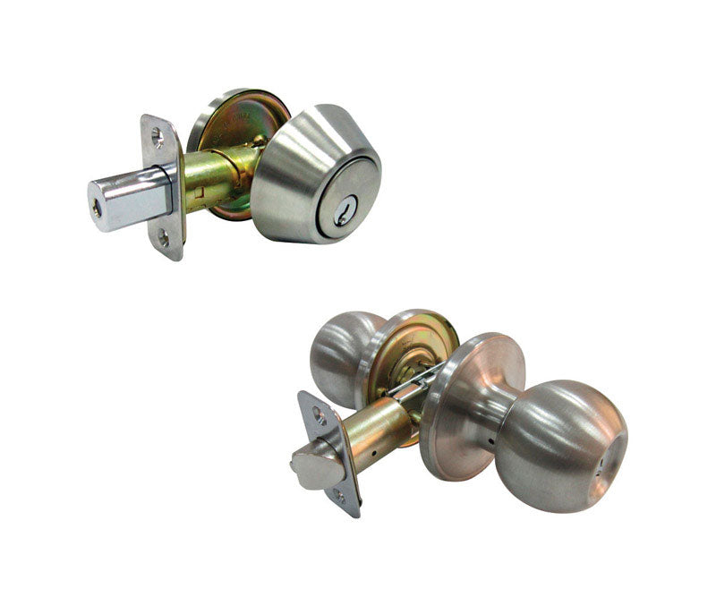 FAULTLESS - Faultless Ball Satin Stainless Steel Entry Knob and Single Cylinder Deadbolt Right Handed [B36L1B]