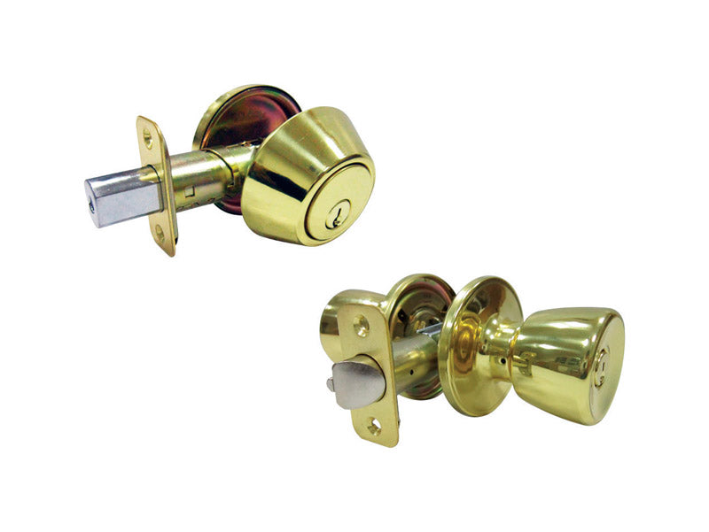 FAULTLESS - Faultless Tulip Polished Brass Entry Knob and Single Cylinder Deadbolt Right Handed [BS7L1B]