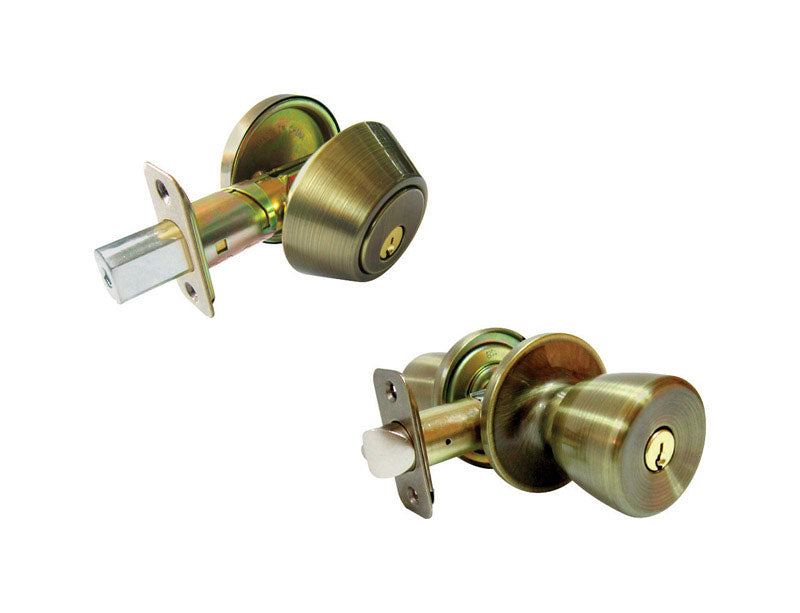 FAULTLESS - Faultless Tulip Antique Brass Entry Knob and Single Cylinder Deadbolt Right Handed