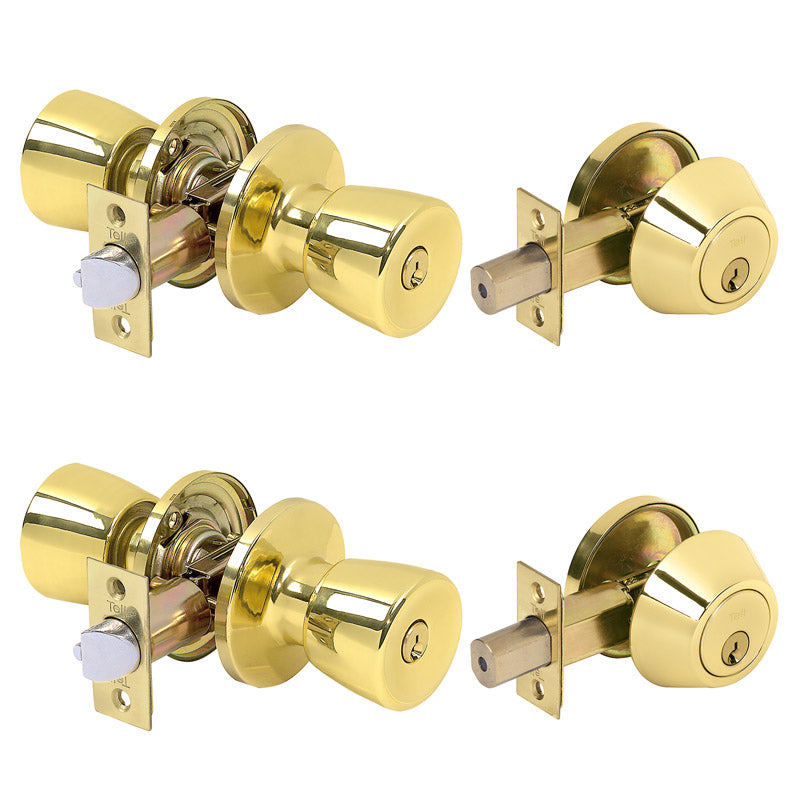 TELL - Tell Double Pack Bright Brass Deadbolt and Entry Door Knob 1-3/4 in.